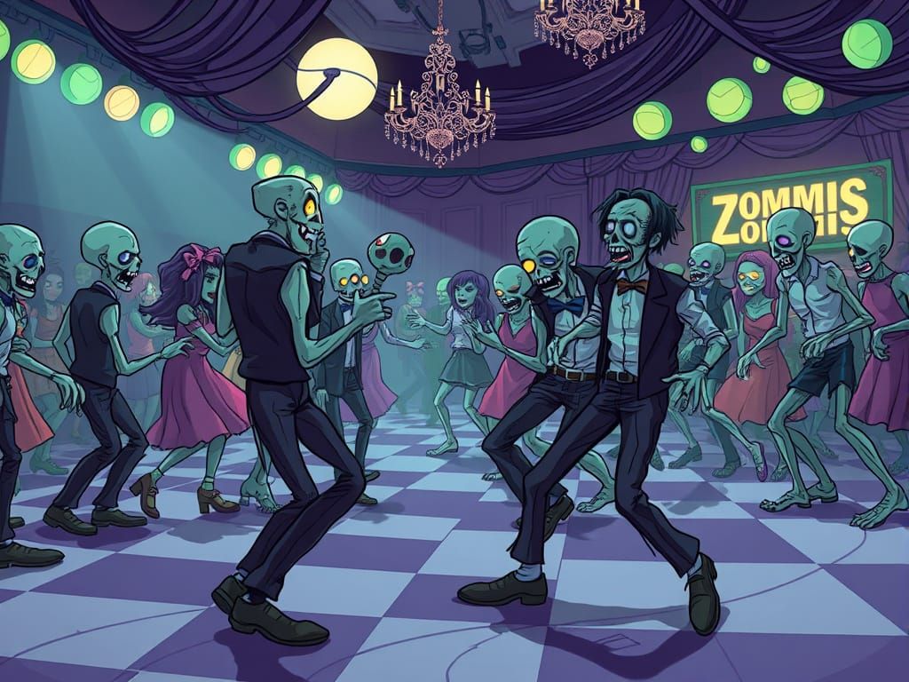 Elegant Zombies Dancing in Ironic Cartoon Style