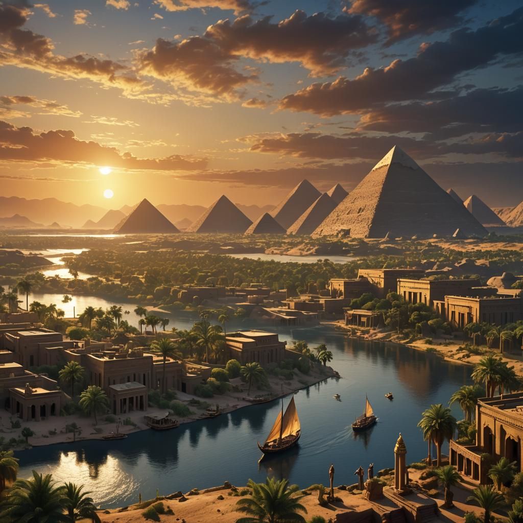 Mythical Ancient Egypt on the Nile at Sunset