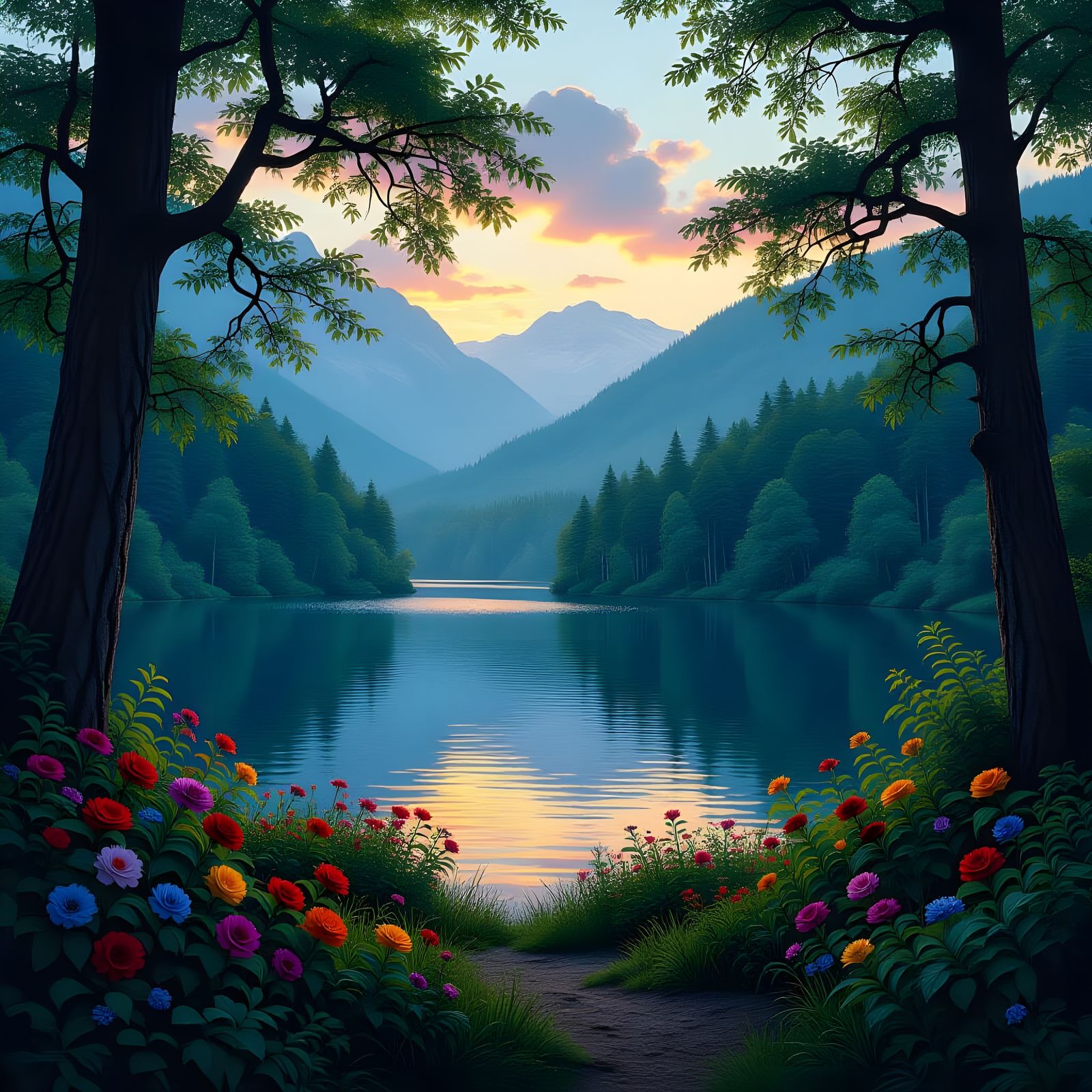 Lush Forest Landscape with Lake at Dusk