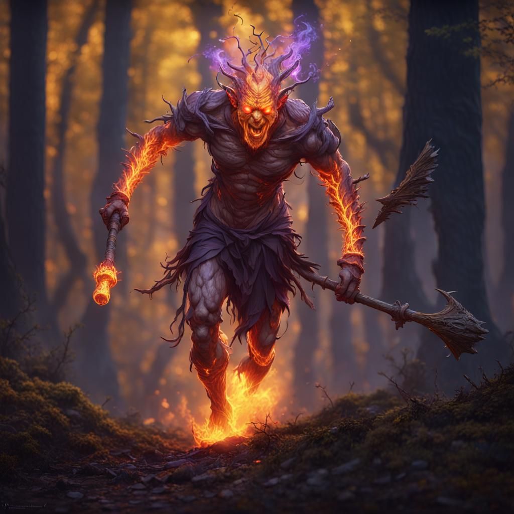 Fiery Forest Warrior in Dark Fantasy Style