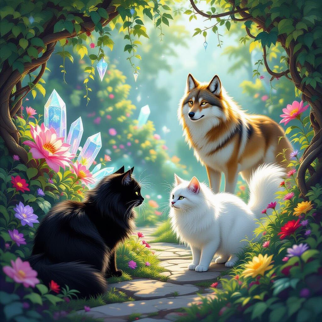 Cats Explore Magical Garden With Wolf