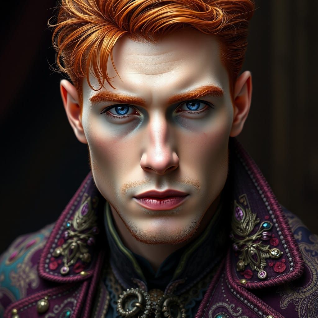Hyperrealistic Portrait of a Handsome Redhead Man in Elabora...