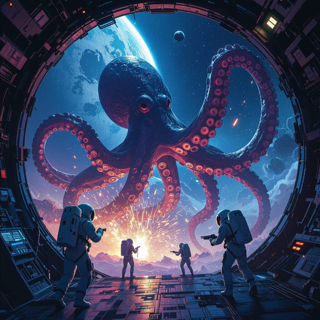 Kraken Attacks Space Station in Hyperrealism