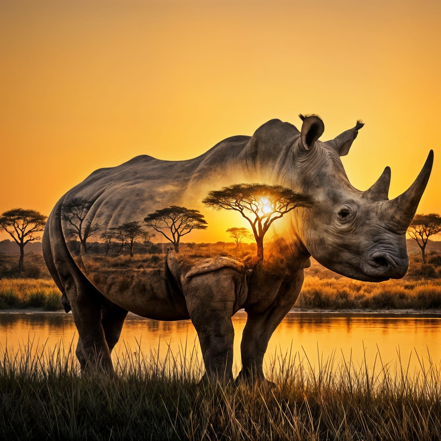 Double Exposure Masterpiece: Rhino Silhouette at Sunset in A...