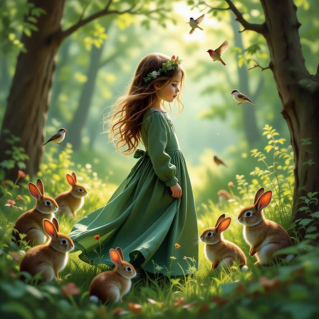 Girl in Forest with Wildlife, Photorealistic Style