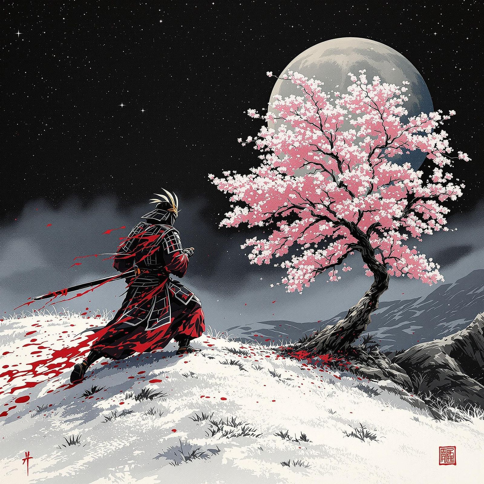 Red Samurai with Katana in Dramatic Moonlit Scene