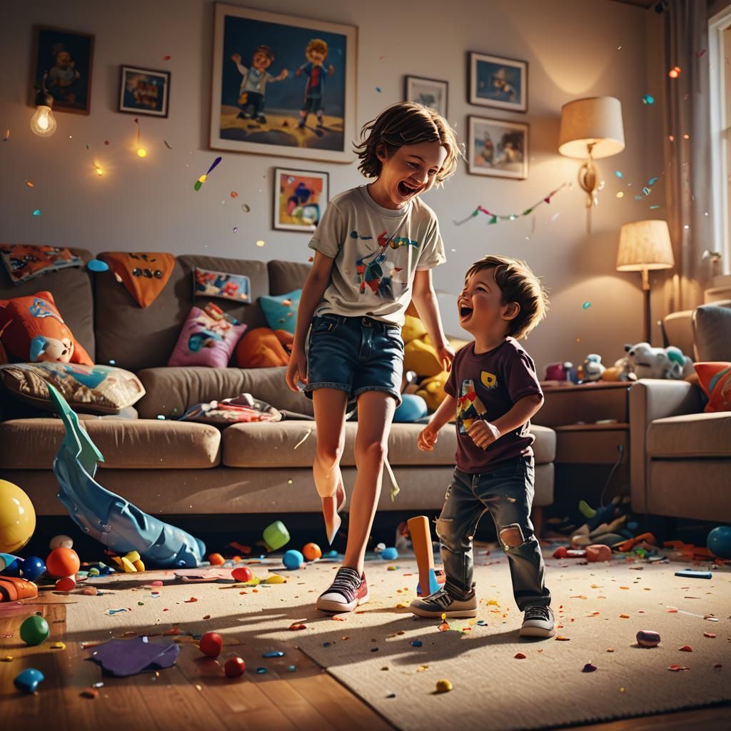 Laughing Child on Couch in Hyperrealistic Style