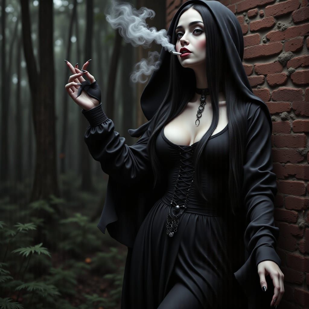 Sacripunk Horror Nun Smoking in Directional Lighting