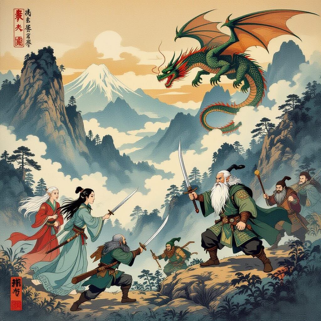 Ukiyo-e Lord of the Rings Fantasy Scene