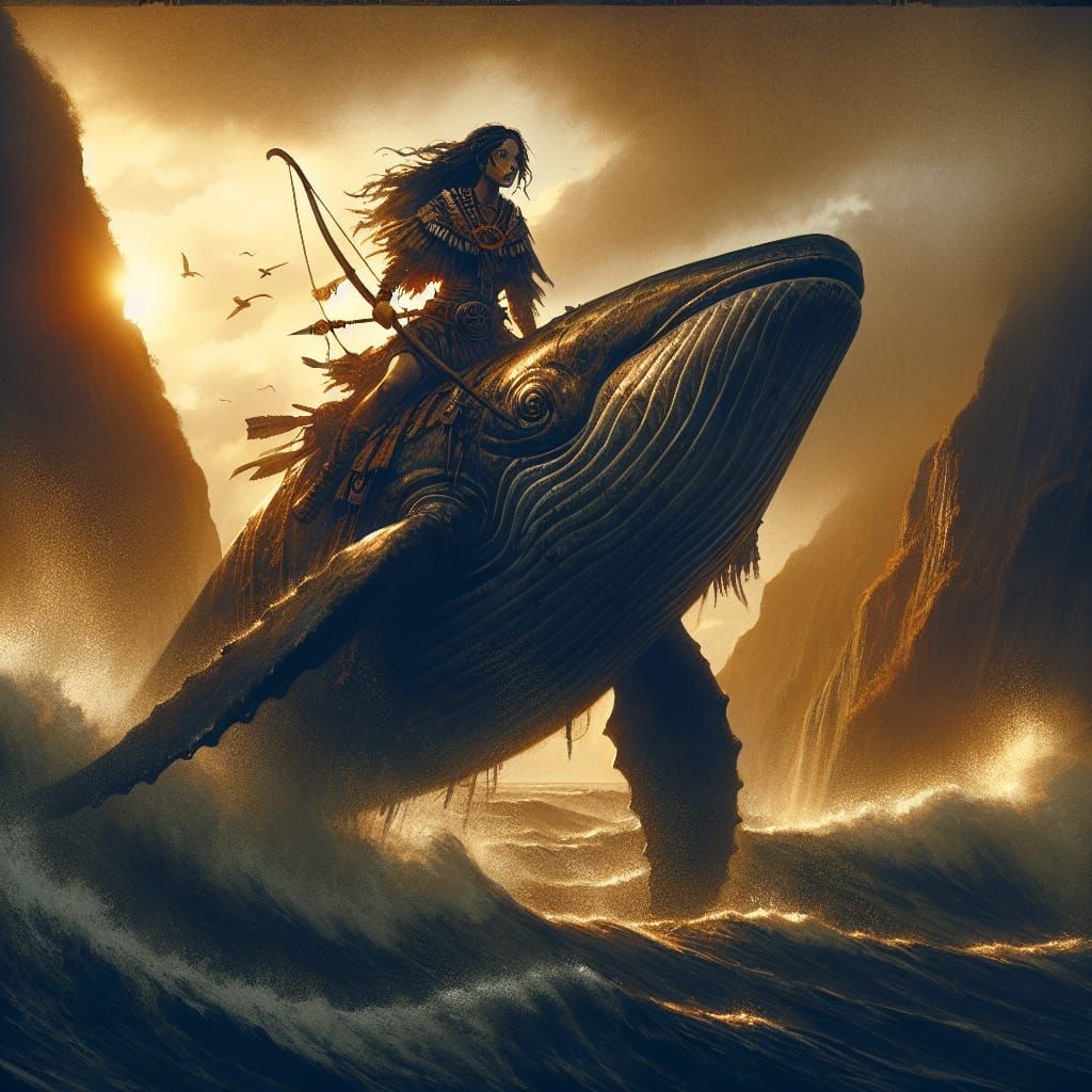 Maori Warrior on Battle Whale: Epic Fantasy Illustration