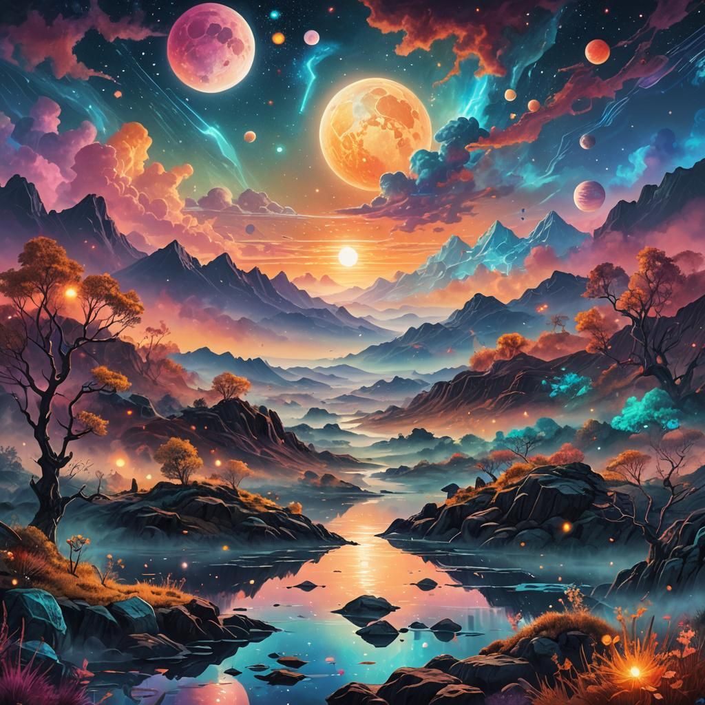 Cosmic Sunset: Holographic Astral Illustration