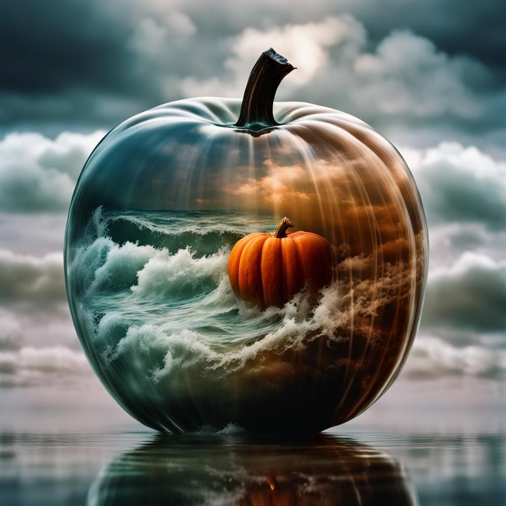 Stormy Sea Inside Glass Pumpkin: Double Exposure