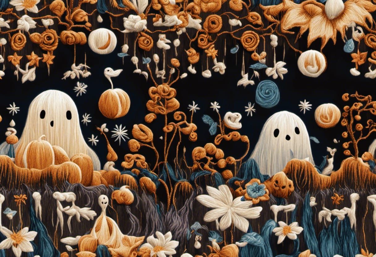 Halloween Embroidery Seamless Pattern in Pastel Colors