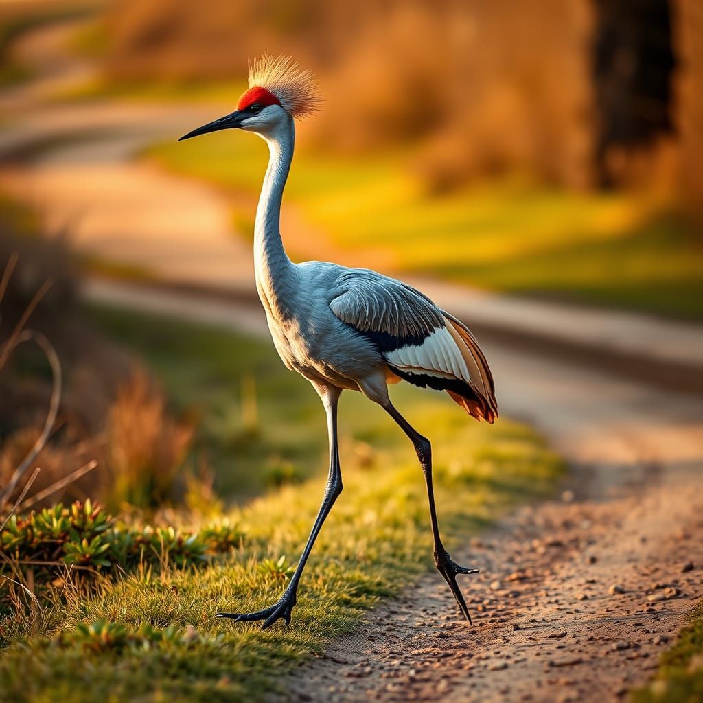 Majestic Sandhill Crane on Winding Path in Golden Light
