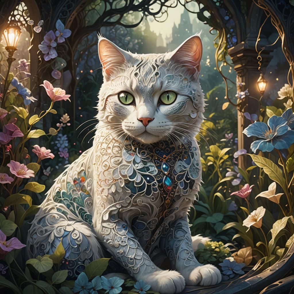 Lace Cat in Mystical Garden: Fantasy Concept Art