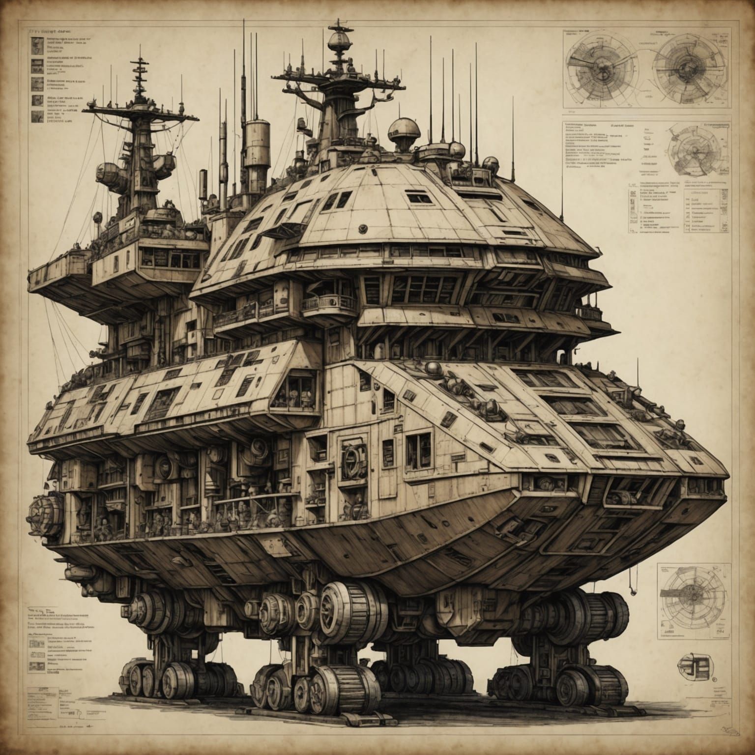 Space Marine Ship Schematic in Ukiyo-e Style