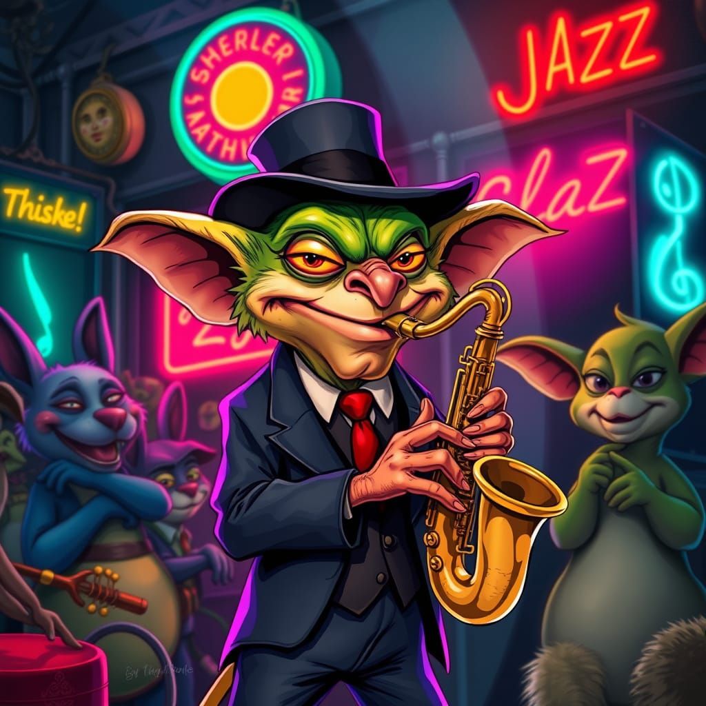 Gremlin Saxophonist in Anthropomorphic Jazz Club, Cartoon St...