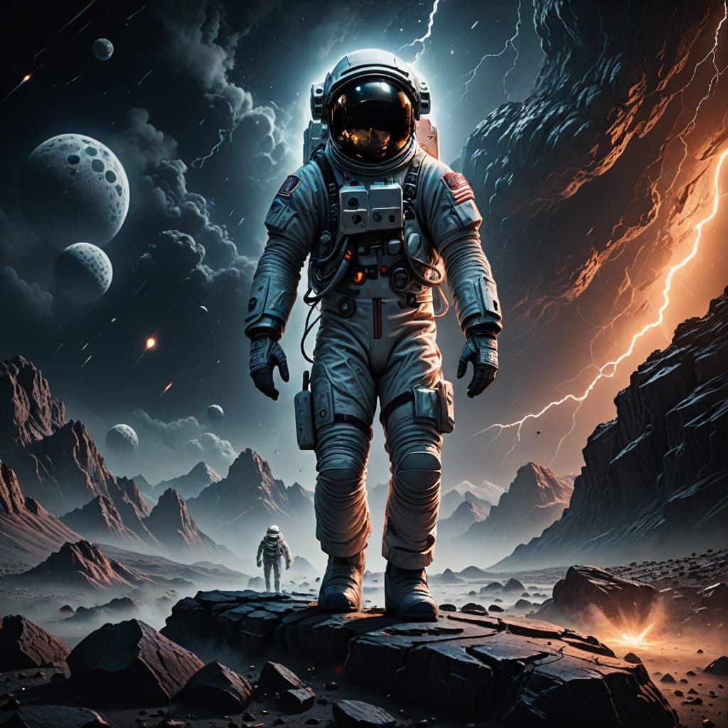 Astronaut Stands Tall on Lunar Surface Amidst Thunderstorm