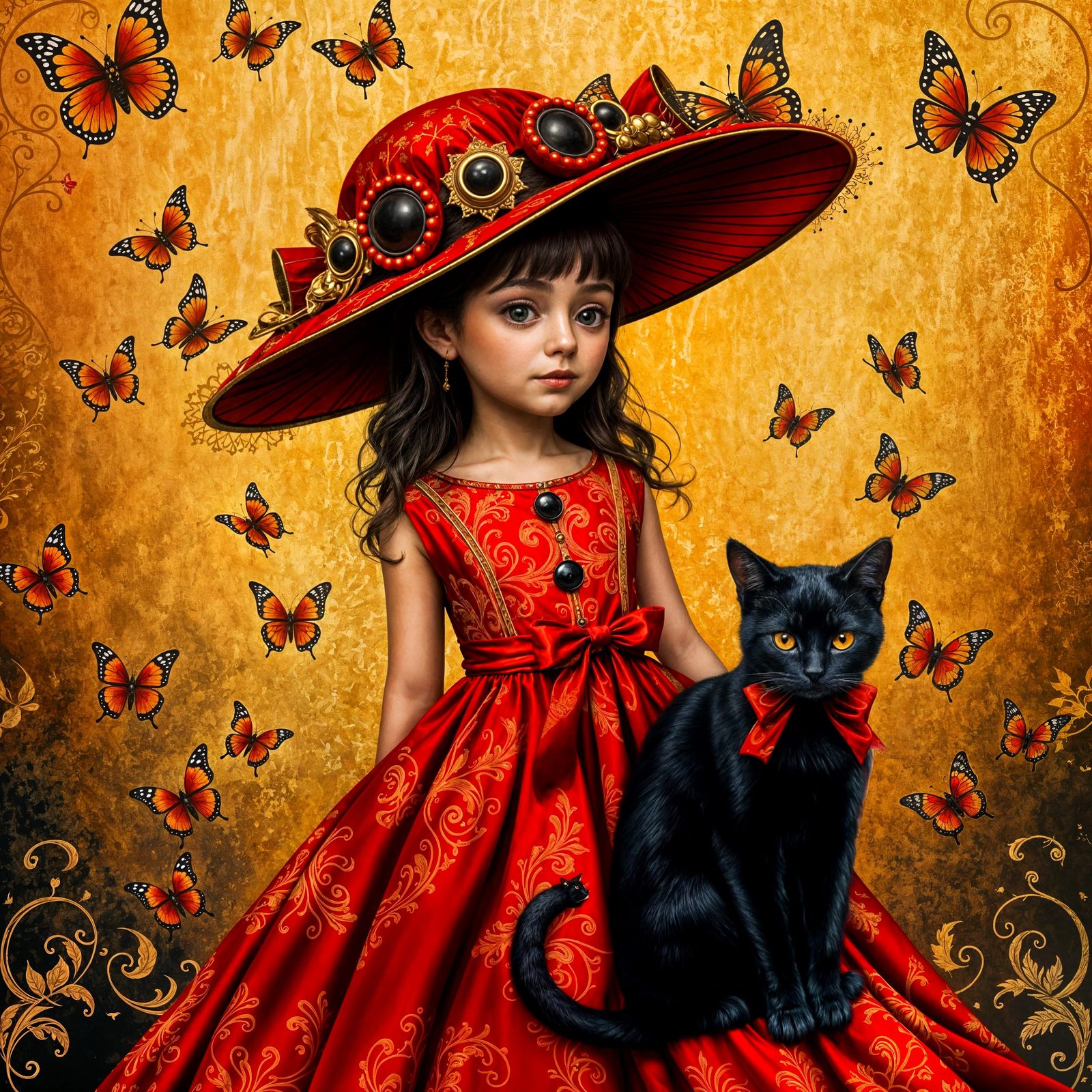 Vibrant Red Fairy Tale Princess in Gold Leaf Glory