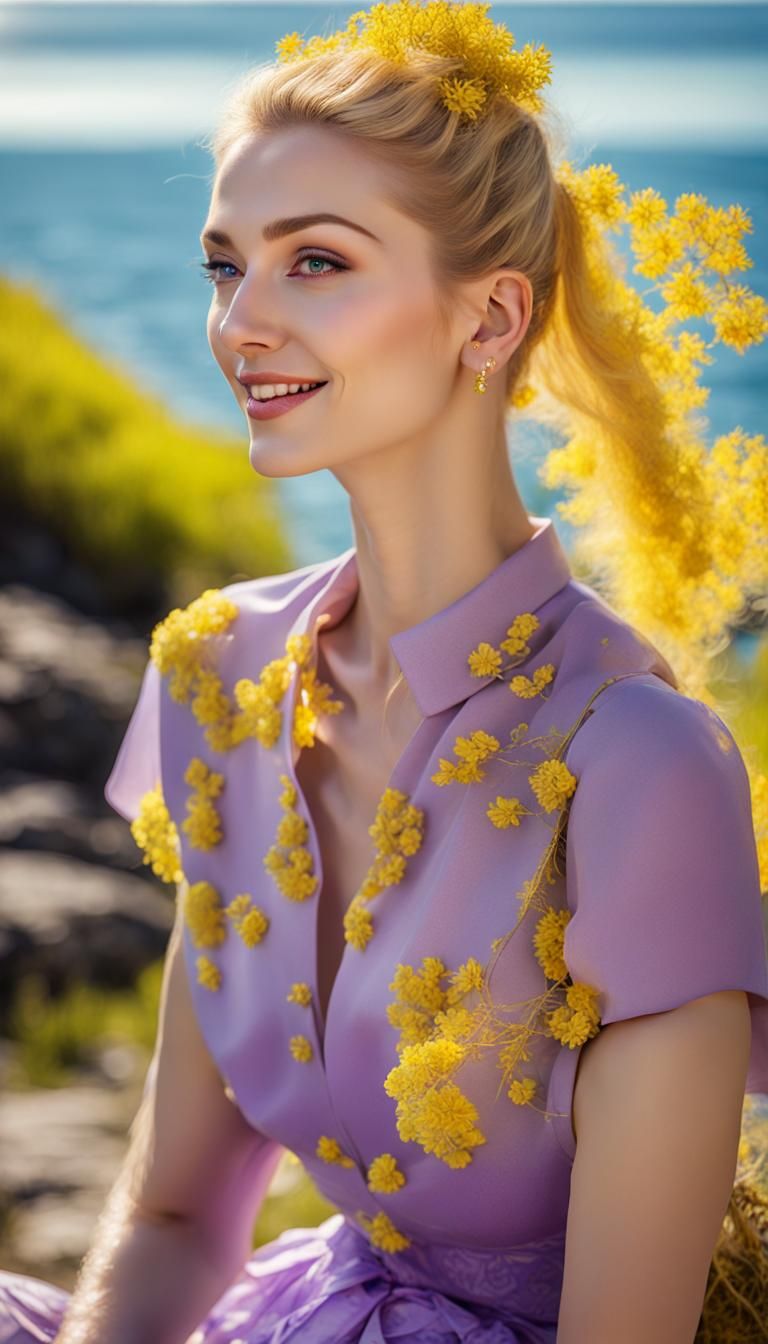Smiling Blond Woman in Floral Outfit, Professional Portrait