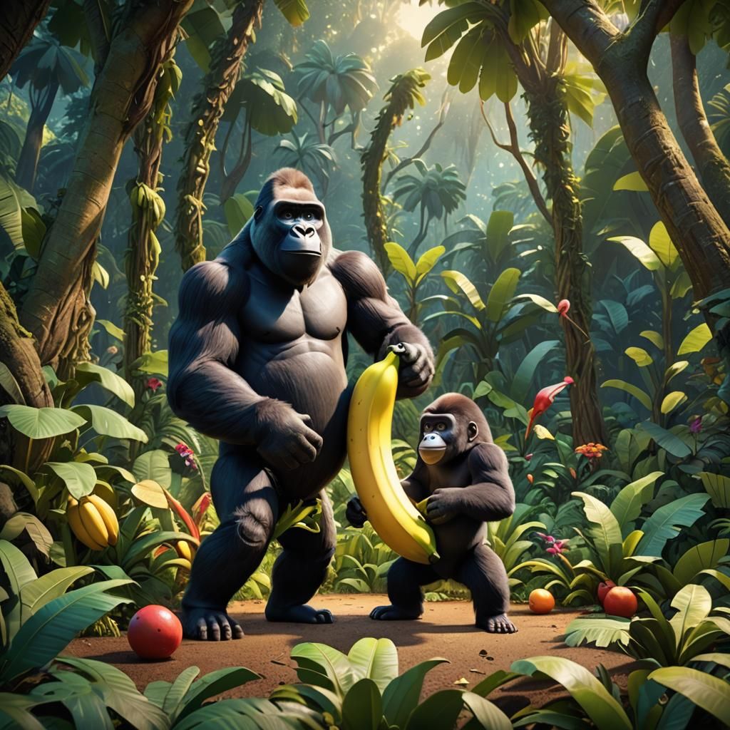 Banana Alien and Gorilla Play in Jungle
