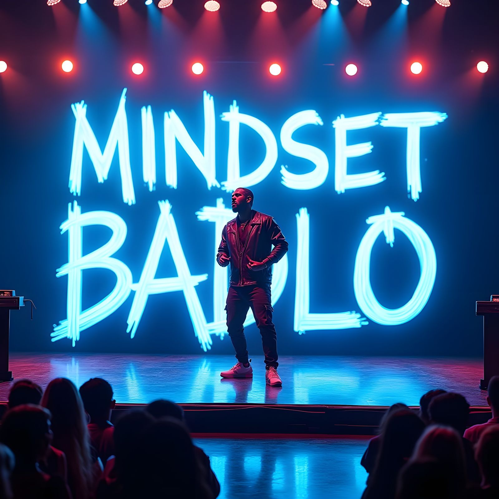 Energetic Rapper on Stage in Basquiat-Warhol Fusion