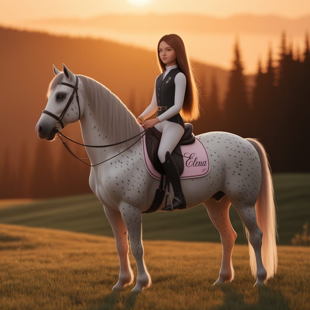 Girl on Horseback in Sunset Meadow