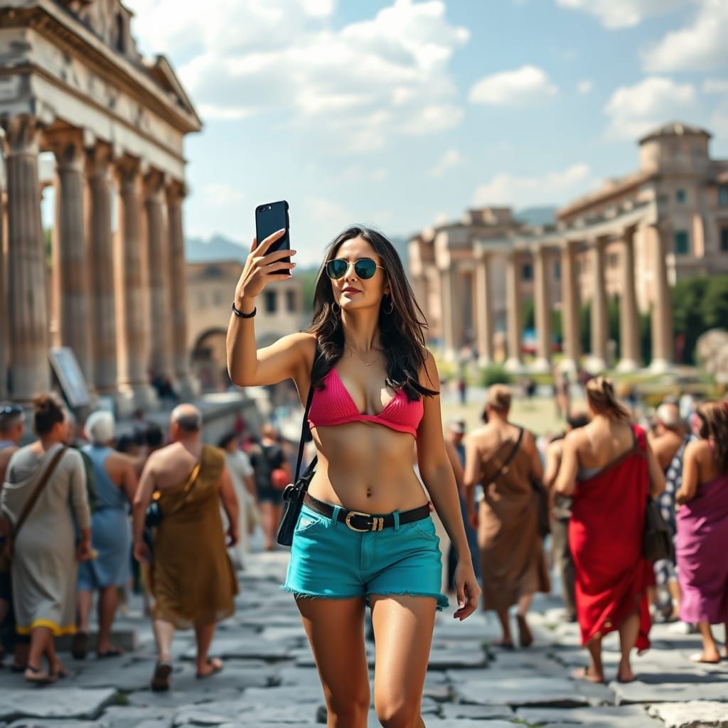 Bikini Tourist in Ancient Rome: Photorealistic Style