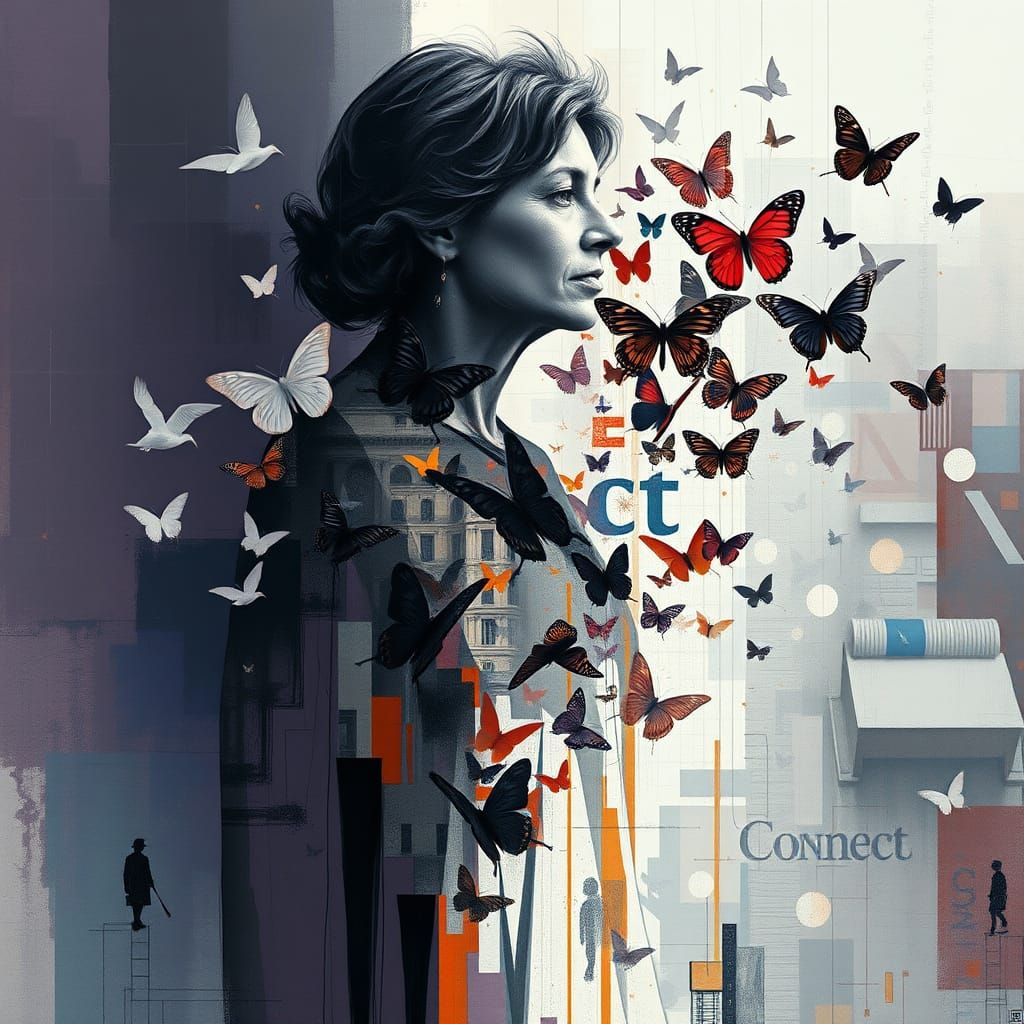 Abstract Impressionist Digital Art of Woman and Civic Landsc...