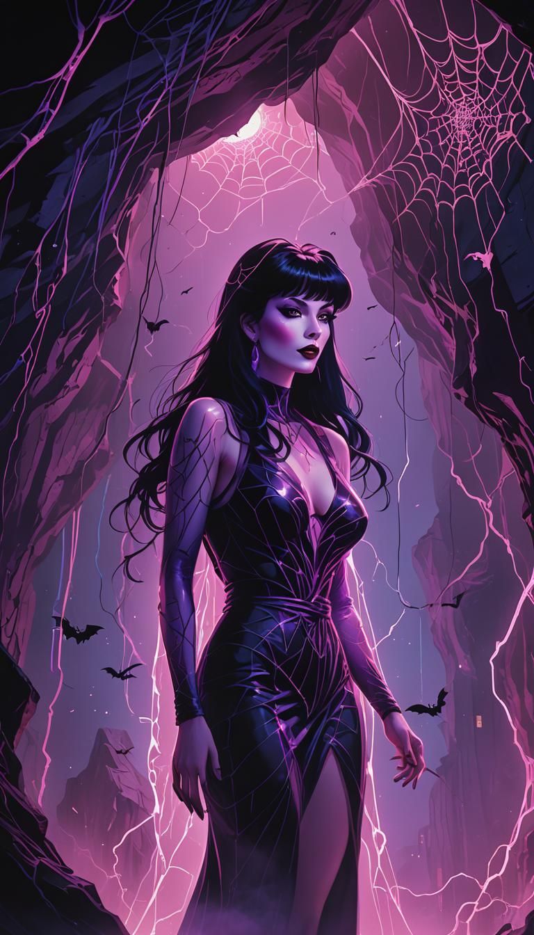 Elvira in Synthwave Cave with Bats as Neon Art