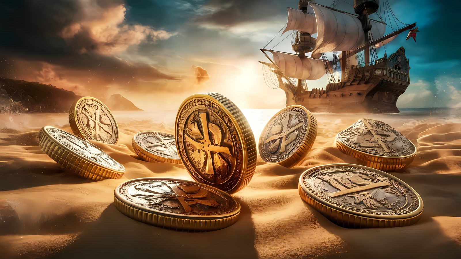 Epic Pirate Coin Beach Scene in Vibrant Colors