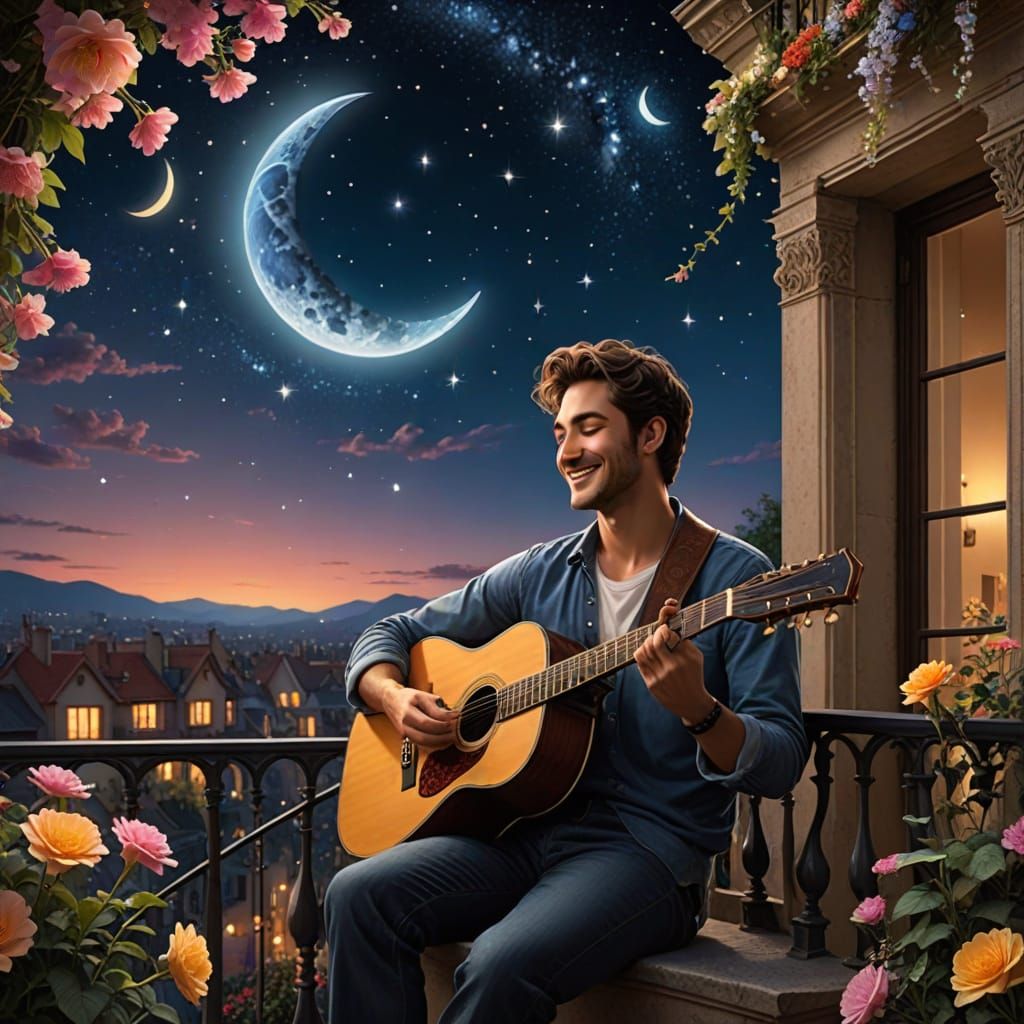 Romantic Guitar Serenade Under a Floral Moon