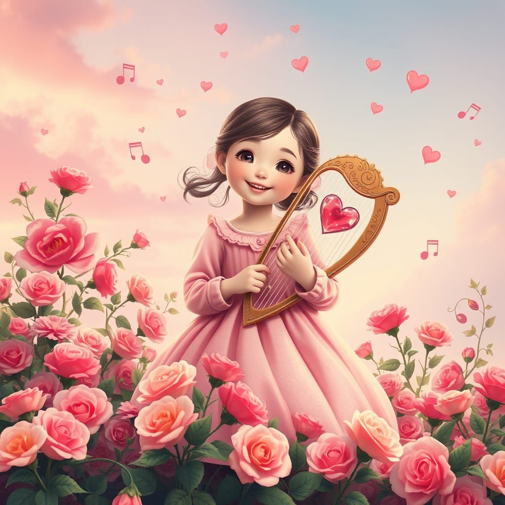 Whimsical Girl in Pink Dress with Roses and Harp in a Dreamy...