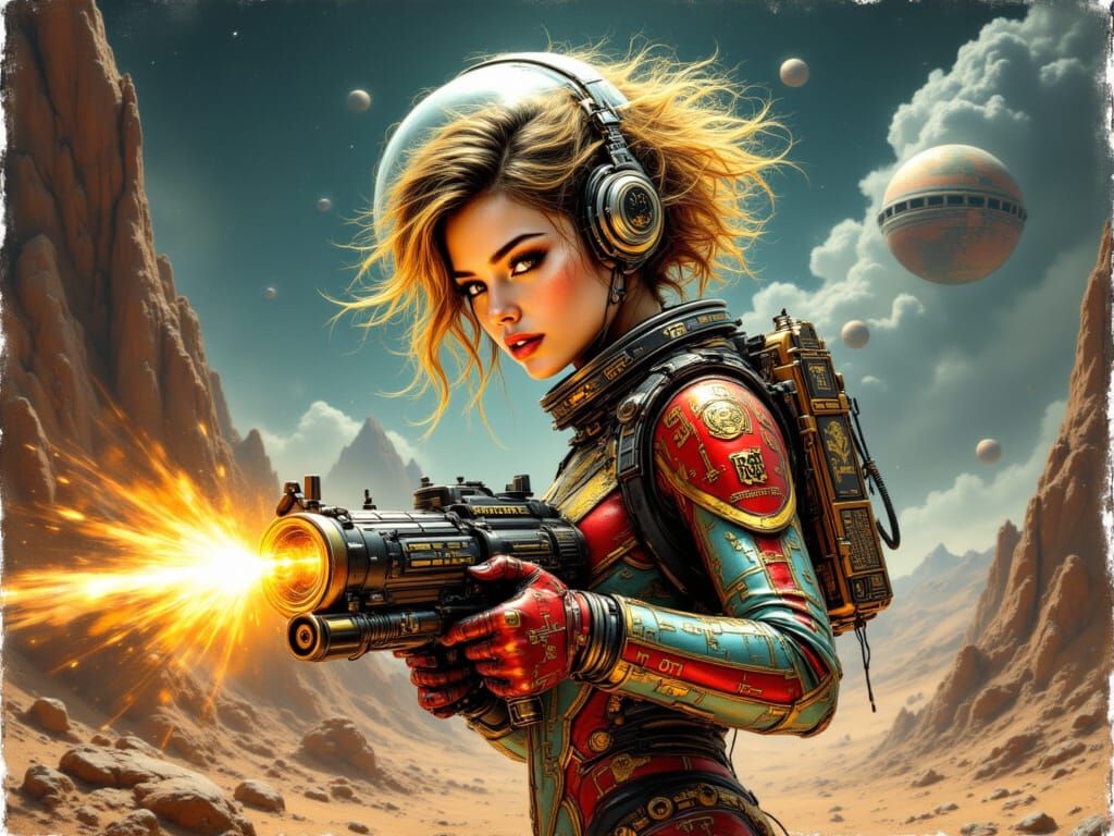 Sleek Space Explorer in Heroic Pose, Blazing Orange Flame