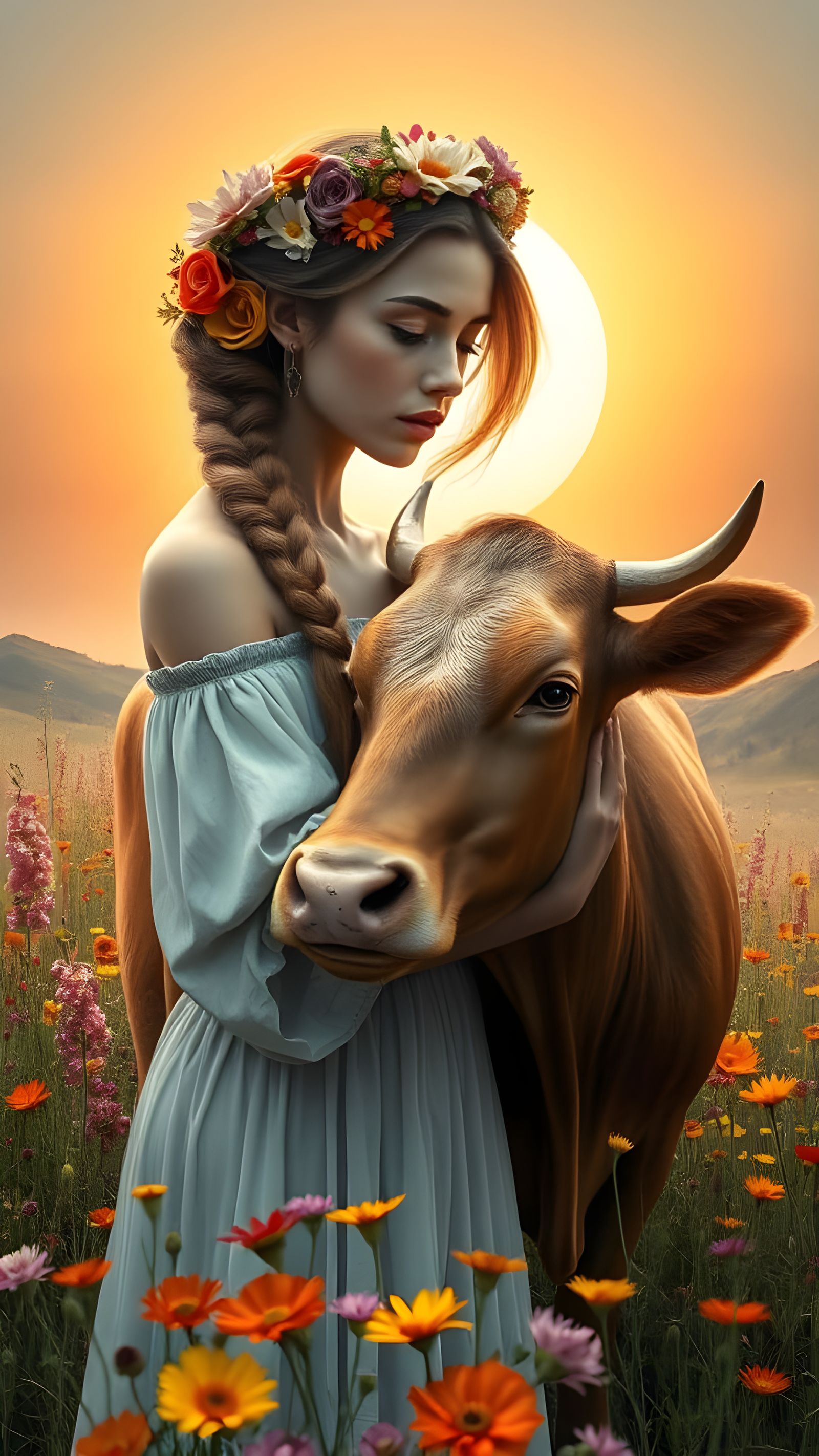 Surreal Landscape of a Woman with a Cow in a Vibrant Meadow