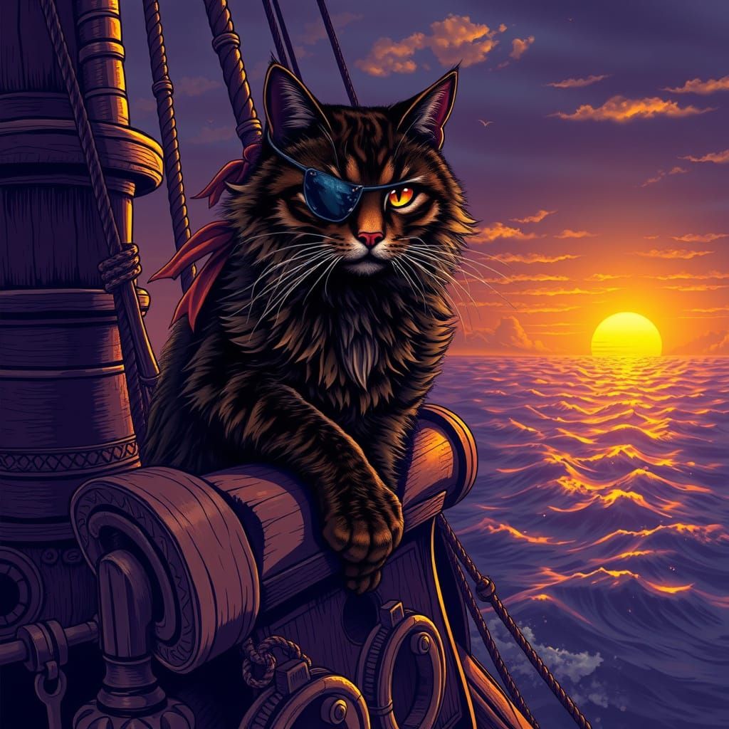Majestic Pirate Cat in Golden Sunset