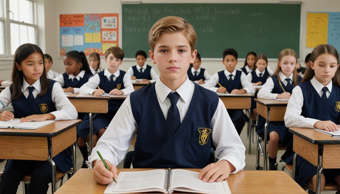 Young Boy in Elementary School Uniform Among Classmates
