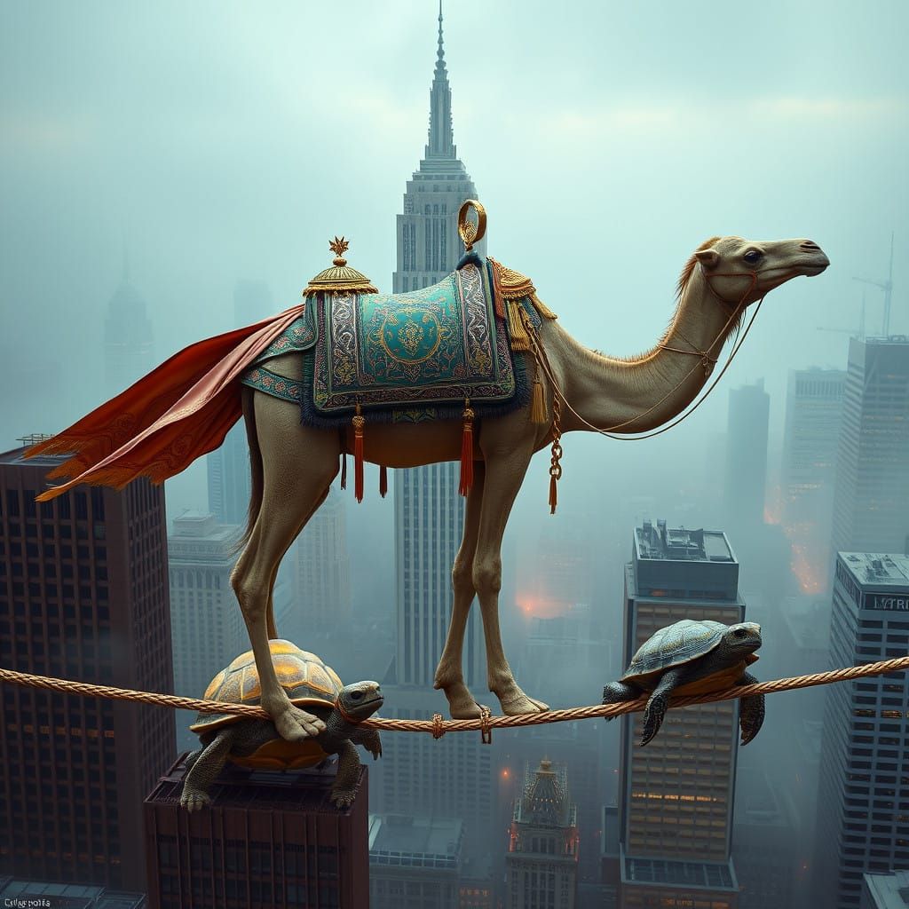 Majestic Camel Balances on NYC Tightrope in Art Nouveau Fant...