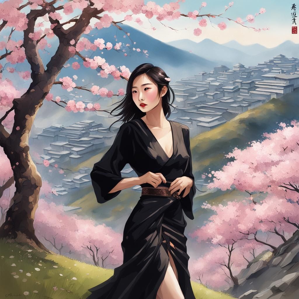 Hyperreal Asian Woman with Cherry Blossoms