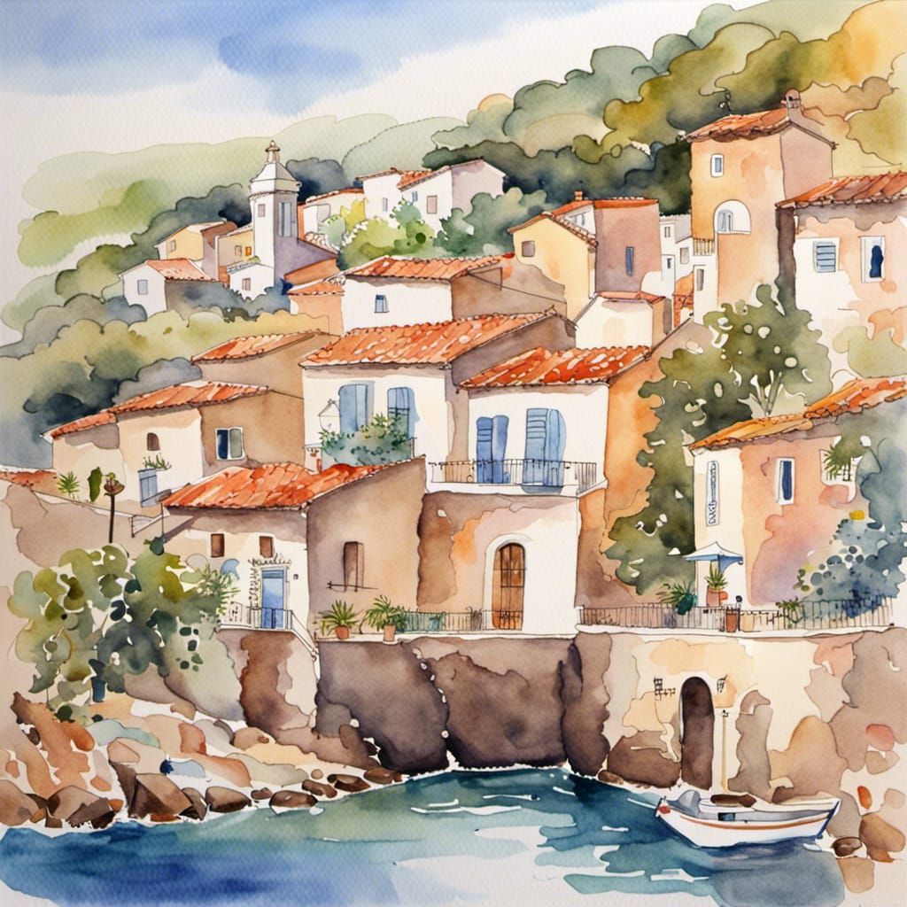Mediterranean Village: a Watercolor Painting