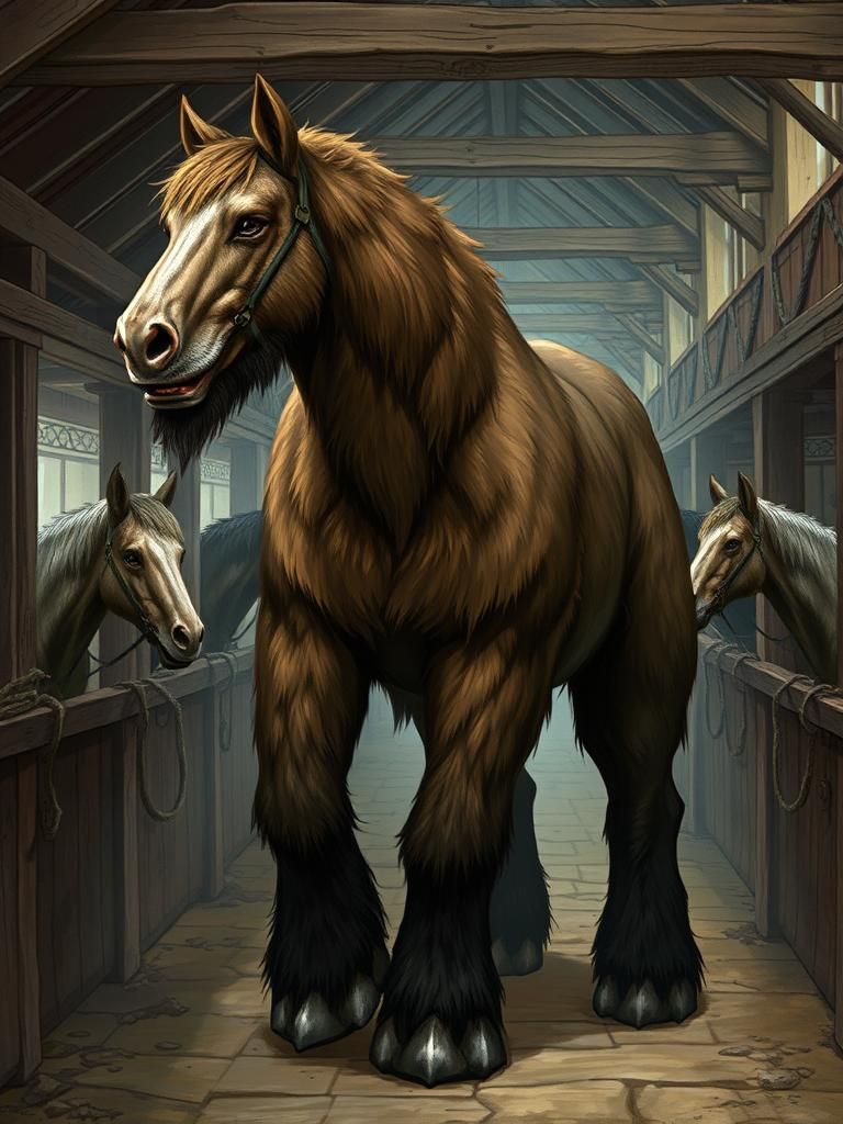 Hybrid Horse-Bear Creature in Medieval Stable