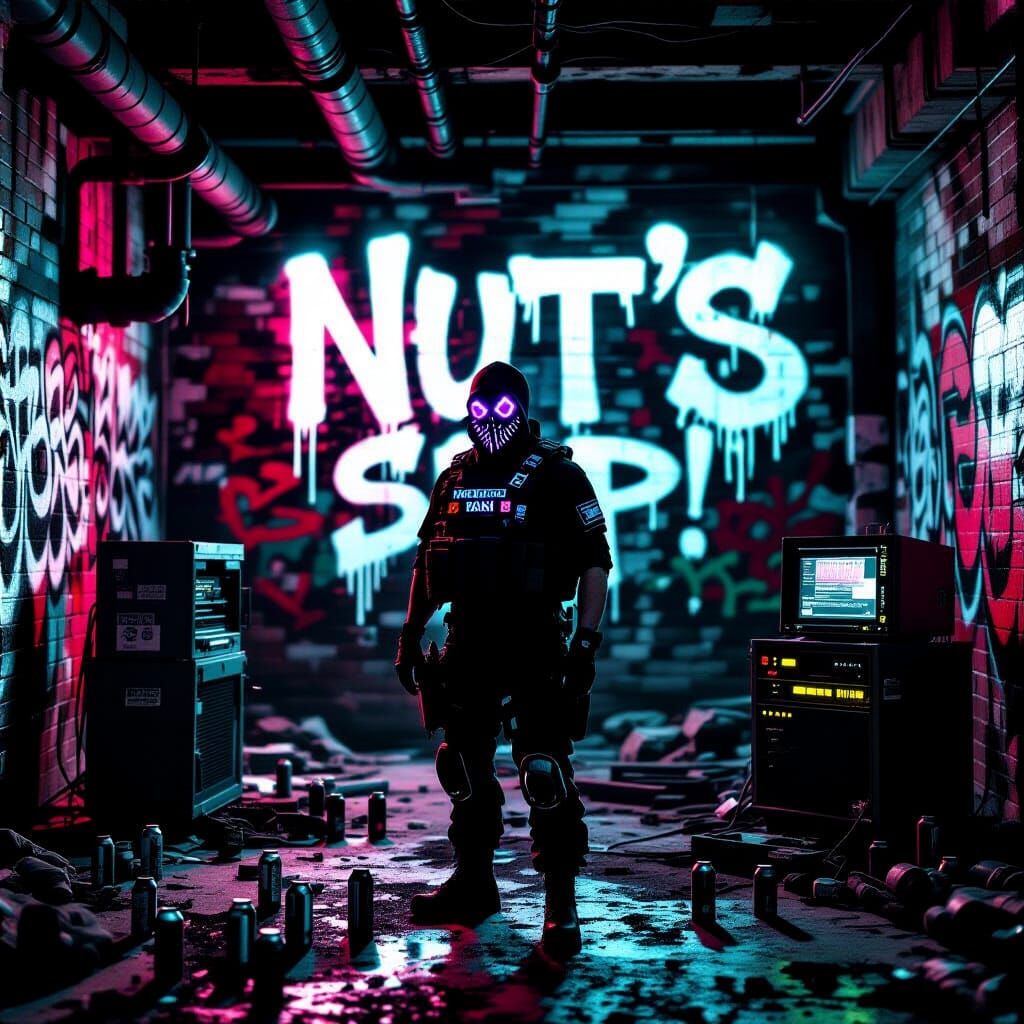 Abandoned Industrial Basement with Hacker Figure in Cinemati...