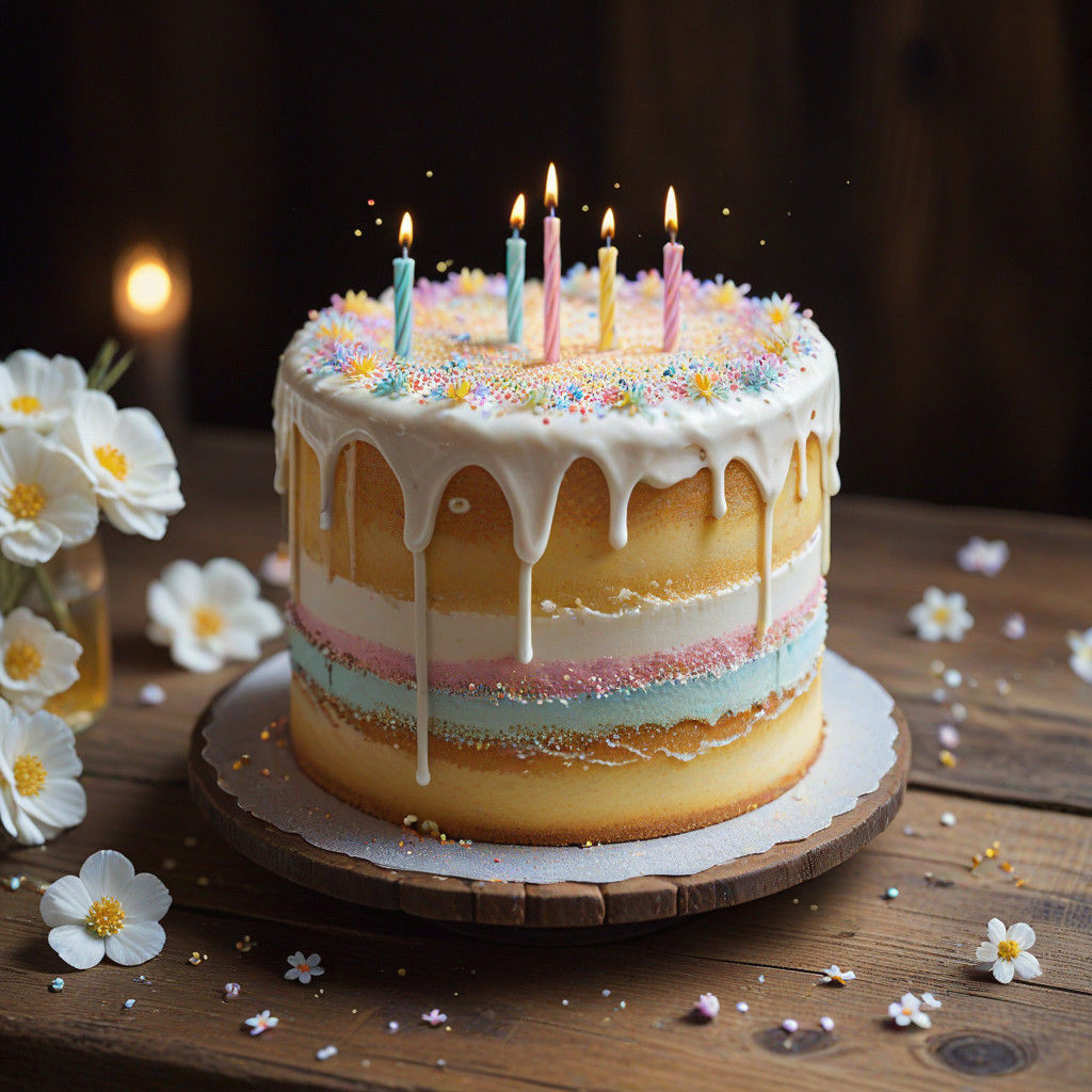 Delicate Birthday Cake in Whimsical Watercolor Style