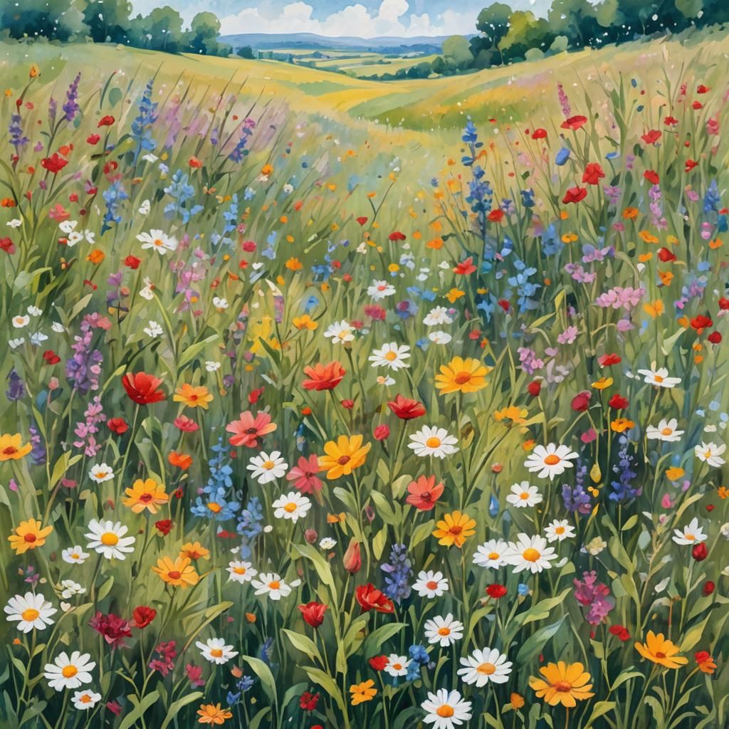 Impressionist Meadow with Flowers in Gouache Style