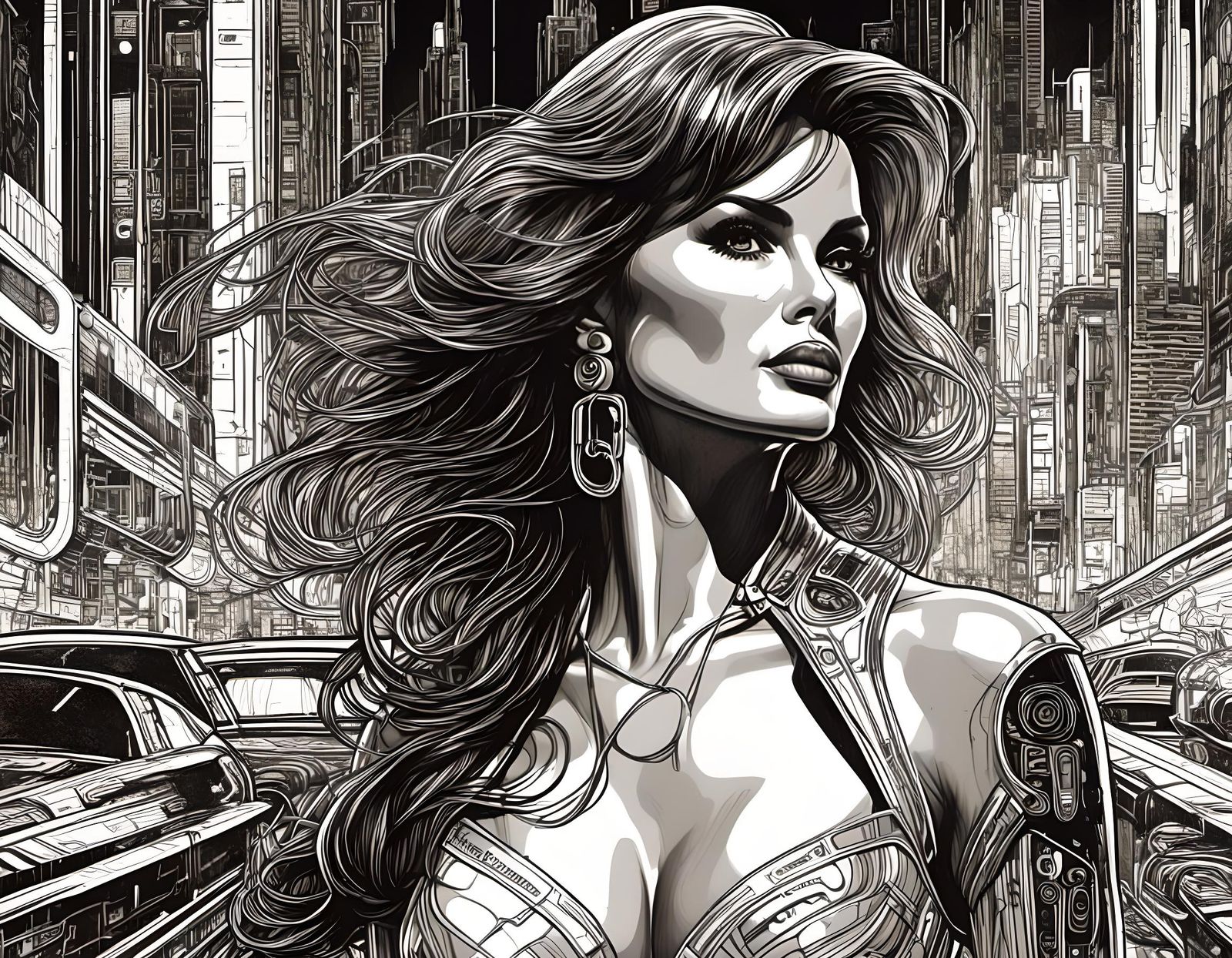 Raquel Welch as Cyberpunk Woman in Retro-Wave Style