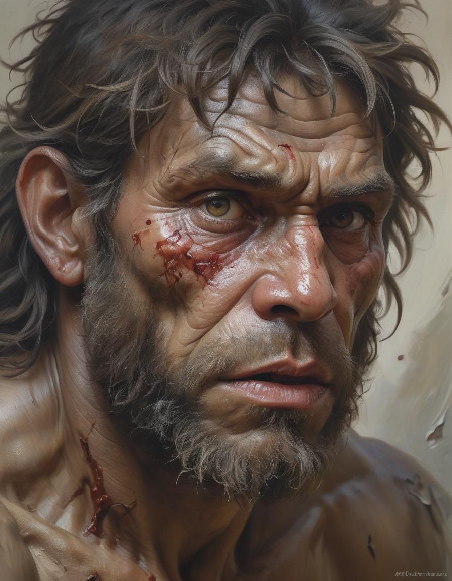 "

Close-up Portrait of an early hominid caveman , wounded a...