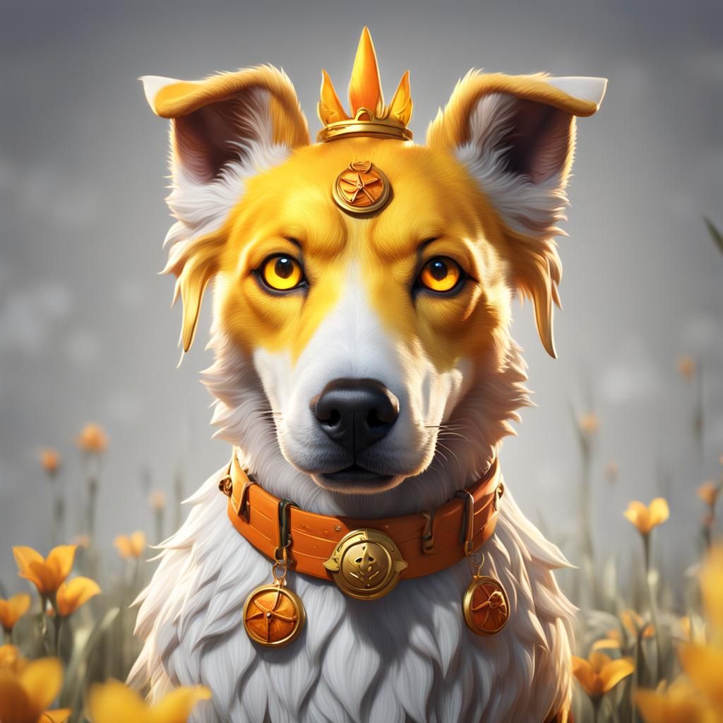 Realistic Yellow Dog with Sun Badge, Detailed Painting