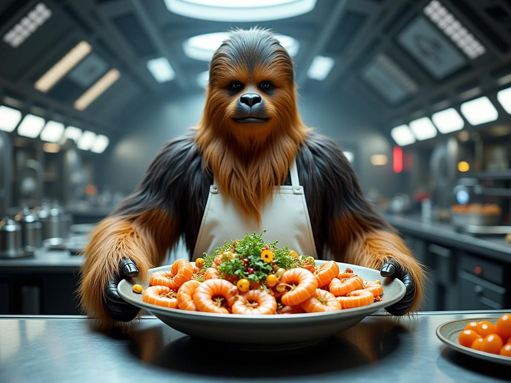 Wookiee Chef Serves Blue Shrimp Aboard Starship