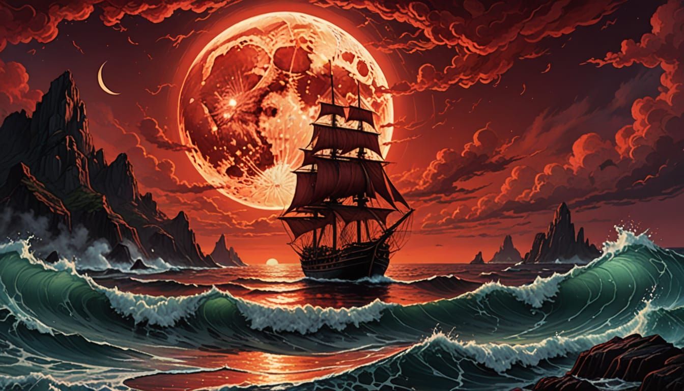 Crimson Ocean Under Fiery Sky With Scarlet Moon