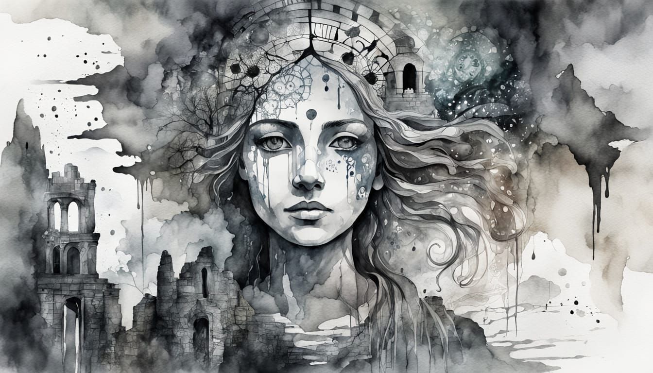 Monochromatic Watercolor Double Exposure of Ethereal Portrai...